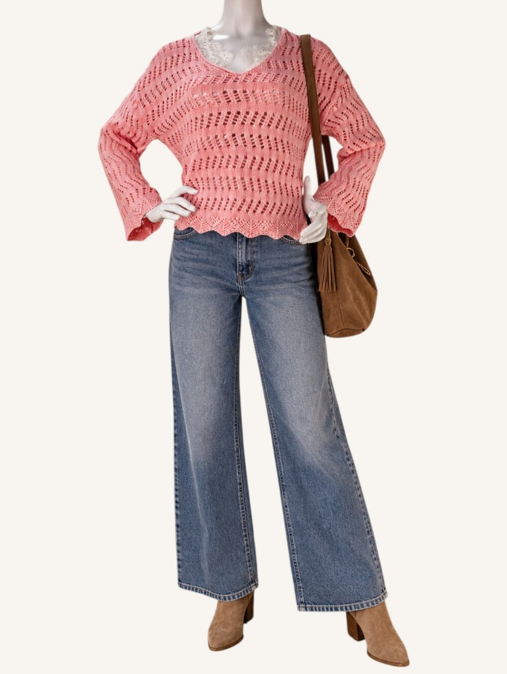 Dex Pink Open Knit V Neck Sweater Scallop Hem Small NWT Boho Fall Layering